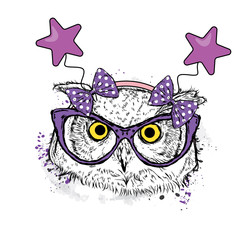 Funny owl in the glasses and festive rim with the stars. Vector illustration for a postcard or a poster.