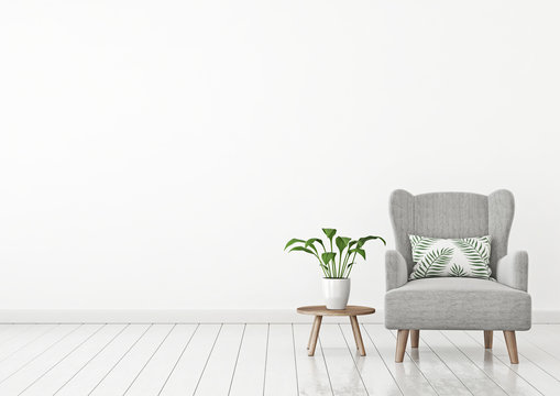 Livingroom interior wall mock up with fabric armchair, green plant and little table on clear white wall background. 3D rendering.