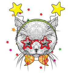 Funny cat in the festive rim with the stars. Vector illustration for a postcard or a poster.