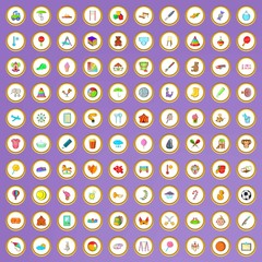 100 kids activity icons set in cartoon style