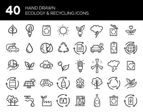 Hand drawn Ecology and Recycling icons set. Vector illustration.