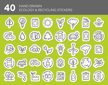 Hand drawn Ecology and Recycling white stickers set. Vector illustration.
