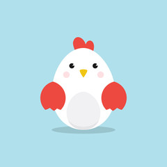 Egg Shaped Chicken Character for Easter day, Easter eggs paint. A Cute Chicken character on sky blue background Flat design vector illustration.