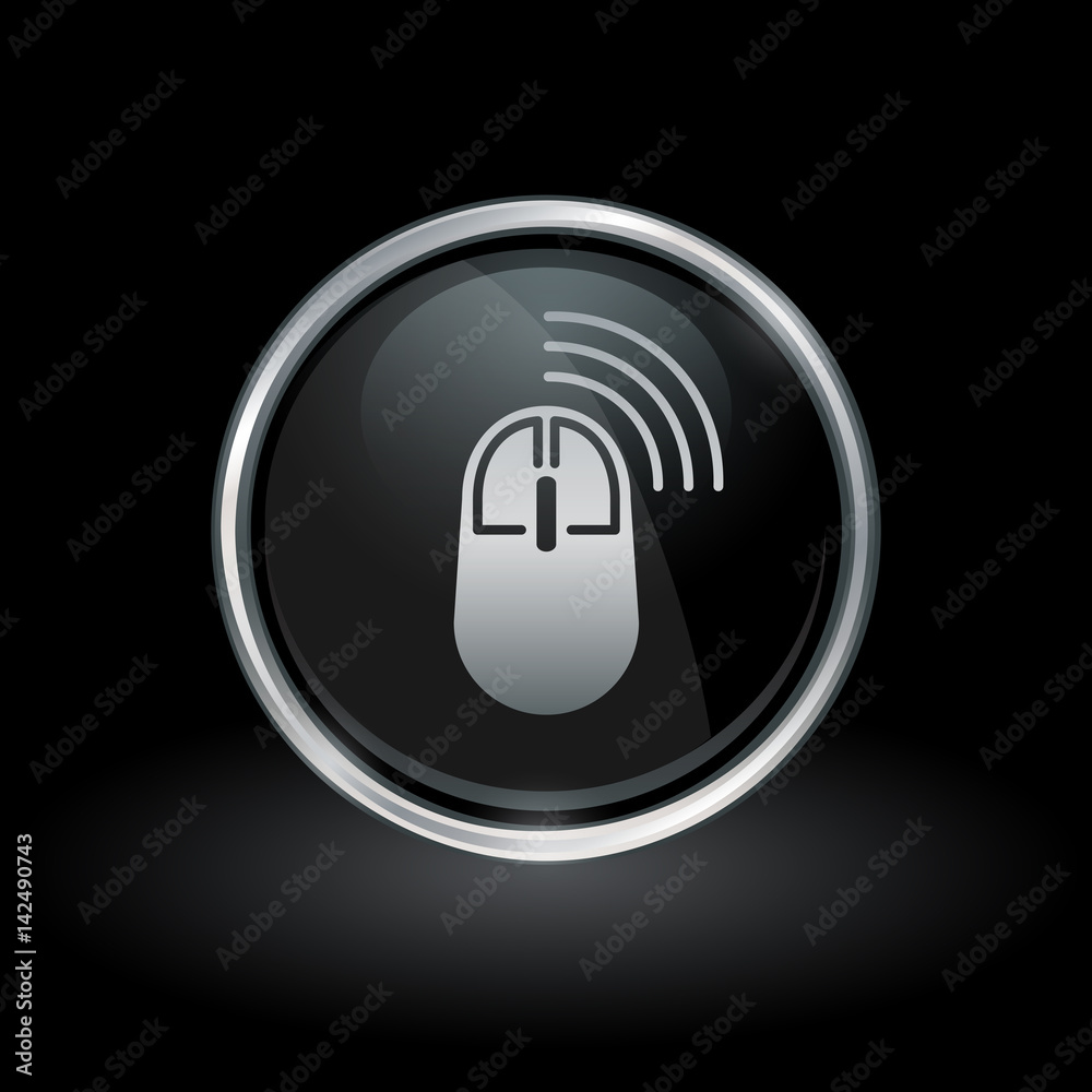Wall mural wireless pc accessory symbol with computer mouse icon inside round chrome silver and black button em