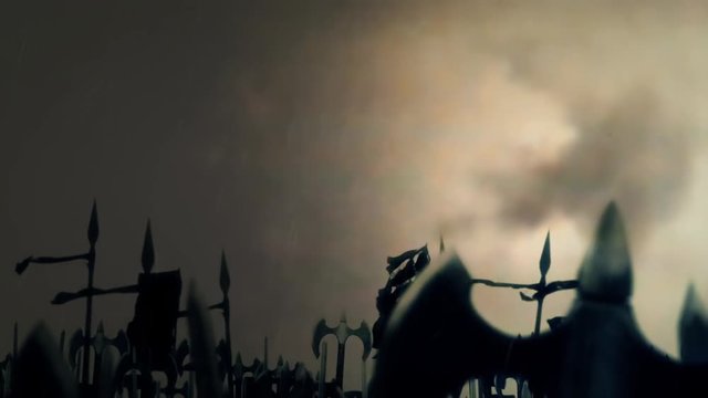 Big Medieval Army Marching to War Under a Lightning Storm