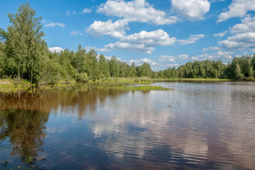 Forest lake with reflection of trees and sky with clouds in the water