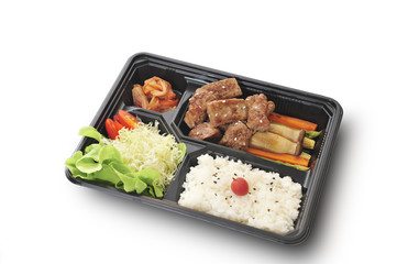 Isolated and clipping path of Beef steak set in bento box set.