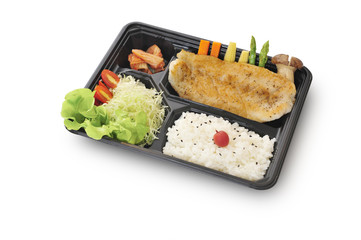 Isolated and clipping path of  dory fish steak set in bento box set.