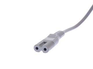 Gray power cable with plug over white isolated background