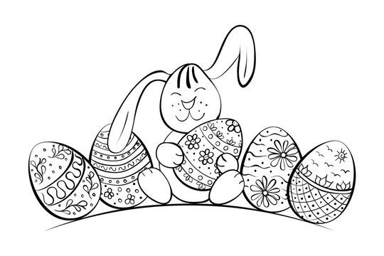 Easter Bunny with patterned eggs. Rabbit sits and holds in paws an egg . Black and white vector illustration. For children's coloring, cards, anti-stress therapy.