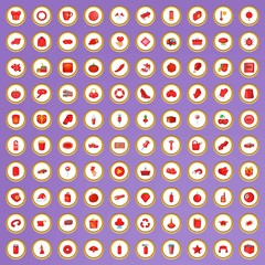 100 red icons set in cartoon style