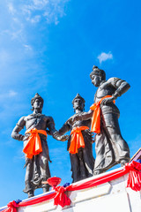 Fototapeta premium Three Kings Monument at the old town in Chiangmai province of Thailand. Phaya Mangrai is in the middle, Phaya Ruang is in the left and Phaya Ngam Mueang is in the right. It was built in 1983