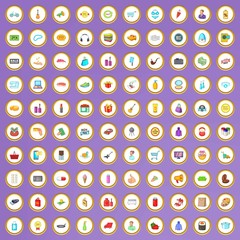 100 shopping products icons set in cartoon style
