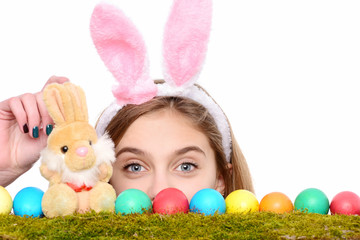 happy easter girl in bunny ears with colorful eggs, rabbit