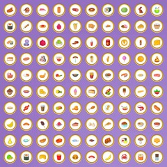 100 tasty food icons set in cartoon style