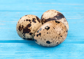 Obraz premium Three fresh quail eggs on a blue table, close-up