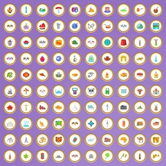 100 travel and landmarks icons set cartoon style