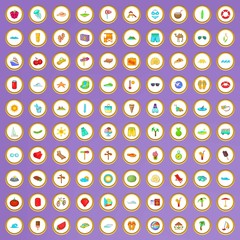 100 vacation icons set in cartoon style