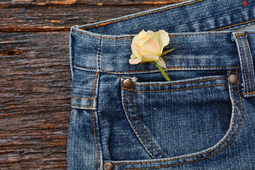 Flower in bag of denim jeans texture, Denim jeans with wooden background