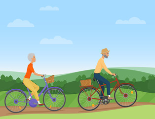 Fototapeta premium A senior couple riding the bikes in the countryside. Old people cyclists. Vector illustration.