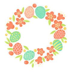 Easter wreath of flowers and painted eggs. Festive frame in vector