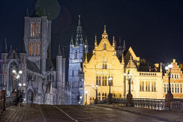 Fototapeta premium The buildings from the city of Gent, Belgium into the spotlights