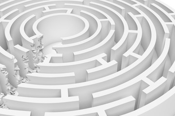 3d rendering of a white round maze with a direct route cut right to the center in close up view