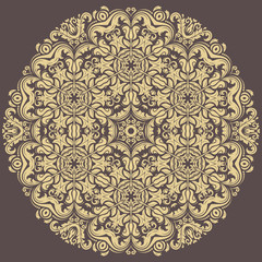 Oriental vector pattern with arabesques and floral elements. Traditional classic round golden ornament. Vintage pattern with arabesques