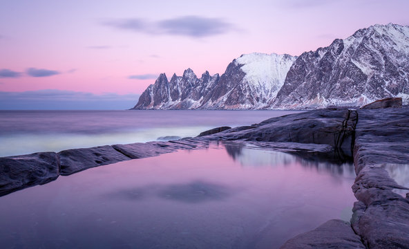 Winter view to Steinfjord on Senja island (Oksan on background). Troms county (long exposure) - Norway