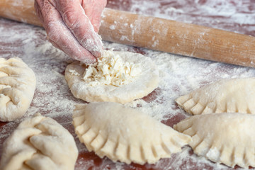 Mother preparing Vareniki - dumplings with cottage and cheese