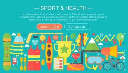 Healthy lifestyle concept with food and sport icons. Sport and fitness flat concept infographics template header design. Vector illustration.