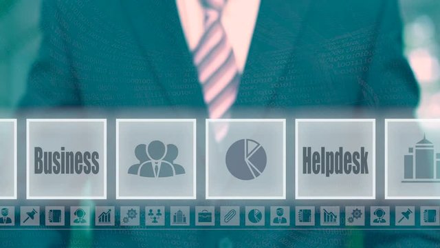 Businessman selecting and then pressing a Technical Support button on a clear projection screen