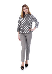 Young beautiful blonde woman in gray trousers