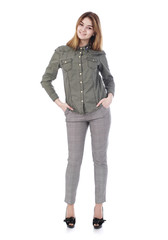 Young beautiful blonde woman in gray trousers