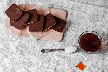 Breakfast starts with tea and chocolate chip cookies