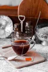Hot sweet tea in a glass cup