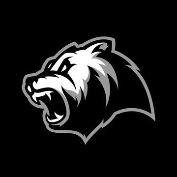 Furious bear head sport vector logo concept isolated on dark background. Modern predator professional team badge design.
Premium quality wild animal t-shirt tee print illustration.