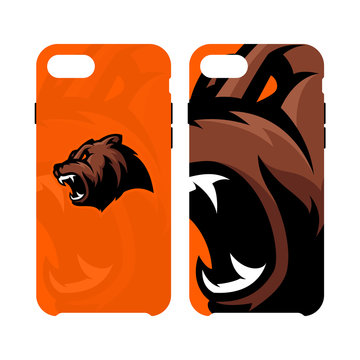 Furious bear head sport vector logo concept smart phone case isolated on white background. Premium quality wild animal artwork cell phone cover illustration.