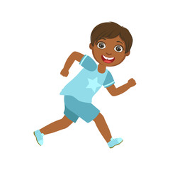 Fototapeta premium Happy little boy running and smiling, a colorful character
