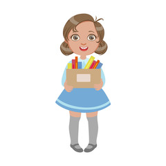 Happy sweet little schoolgirl carrying box with pens and pencils, a colorful character isolated on a white background