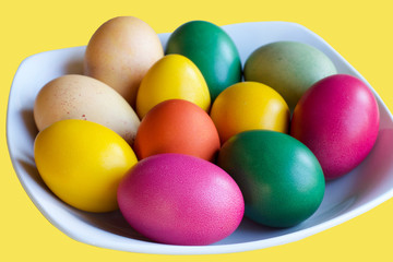 colorful easter eggs in white plate, yellow background