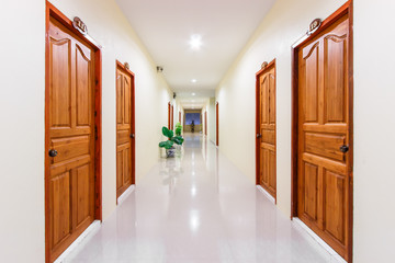 Corridor in the hotel with rooms entrances at the both sides