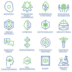 Vector set of 16 linear thin icons related to bio design, biotechnology and bioengineering. Mono line pictograms and infographics design elements
