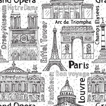 Paris landmarks seamless vector pattern. Hand drawn  Eiffel Tower, Notre de Paris, Arc de Triomphe,  Grand Opera, Pantheon