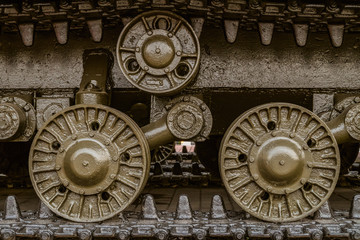 Caterpillar chassis Soviet heavy tank IS-3 during the second world war. Tracked chassis with wheels...