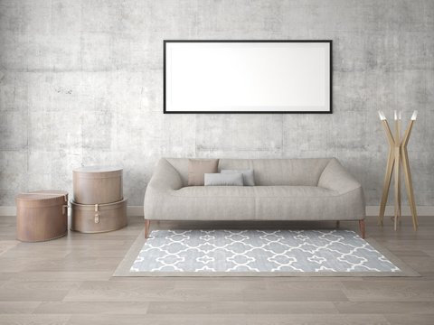 Mock up poster living room with fashionable sofa on hipster background.