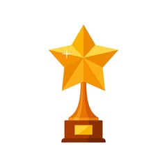 Trophy winner gold star with wooden base isolated on white background. Gold prize award icon vector illustration