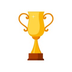 Gold winner cup with wooden base isolated on white background. Gold prize award icon vector illustration