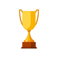 Gold winner cup with wooden base isolated on white background. Gold prize award icon vector illustration