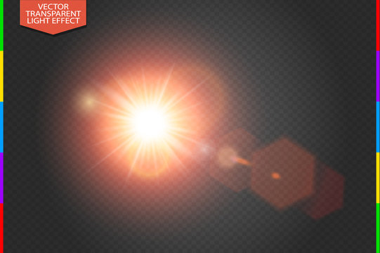 Vector transparent bright red sunlight special lens flare light effect with hexagon elements. Sunrice or sunset, star burst